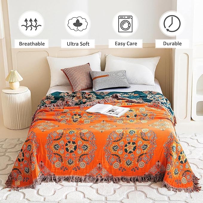 Boho Throw Blanket for Bed 100% Cotton Ultra Soft Rustic Quilt Fall Blanket Floral Farmhouse Decor Bed Blankets,All Season Rustic Throw for Sofa Chair 90"×98"