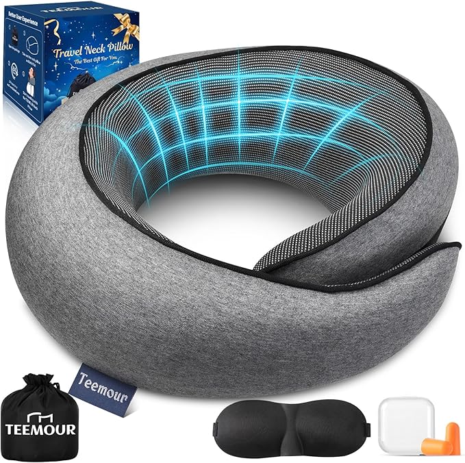 Neck Pillow for Airplane Travel Memory Foam Neck Travel Pillow with Eye Mask & Ear Plugs, Portable Carry Bag for The Comfort of Travel & Office, Travel Pillow for Plane, Car, Home, Work, Dark Grey