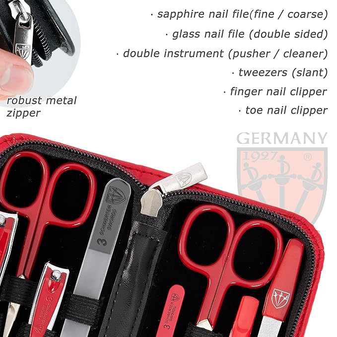 3 Swords Germany - brand quality 8 piece manicure pedicure grooming kit set for professional finger & toe nail care scissors file clipper fashion leather case in gift box, Made by 3 Swords (09218)