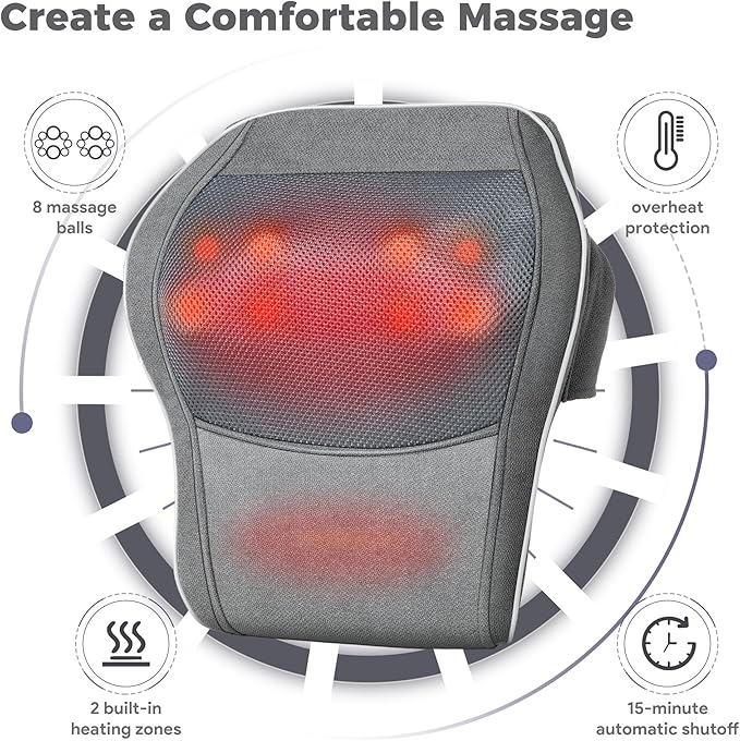 Brelley Shiatsu Neck and Back Massager with Heat, Deep Tissue Kneading Massage Pillow, Electric Massagers with Bi-Directional Rotating Head for Neck, Back, Shoulders, and Legs, Gift for Mom Dad Grey