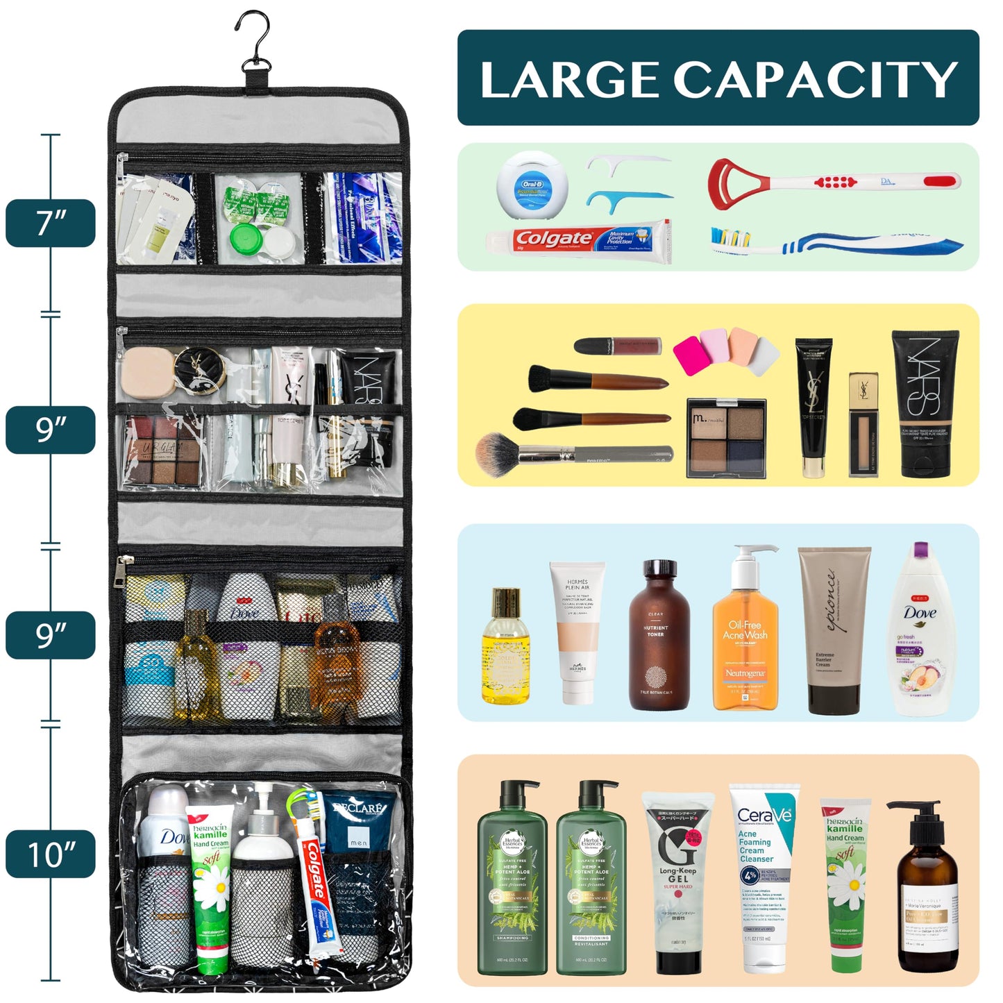 PAVILIA Travel Hanging Toiletry Bag for Women Men, Large Capacity Makeup Bag Kit, Waterproof Cosmetic Storage Organizer Case for Bathroom Shower, Black Chevron