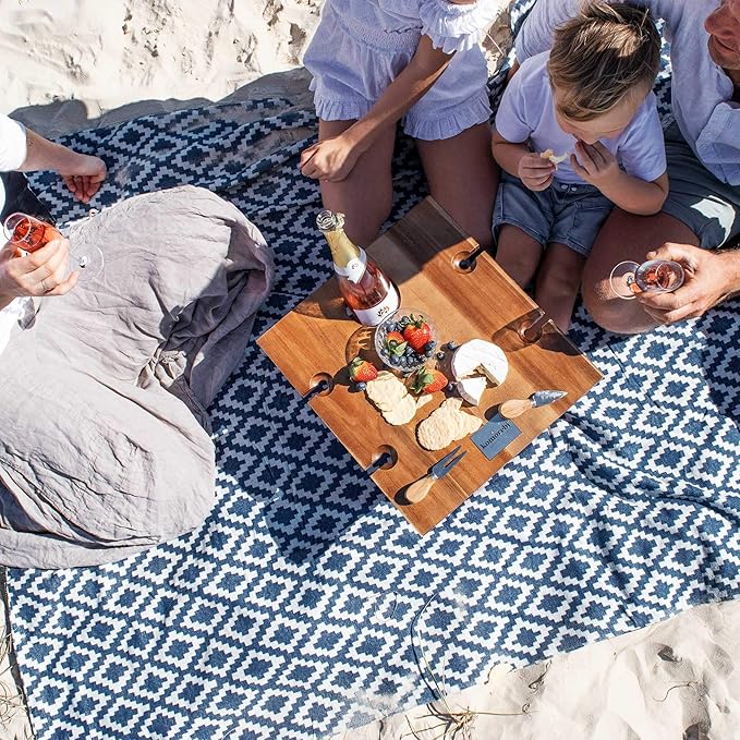 Komorebi Extra Large Picnic Blanket - 78” x 59” - Waterproof Outdoor Blanket, Foldable & Portable Sandproof Beach Blanket - Blue Travel Mat with Soft Cotton & Carry Handle