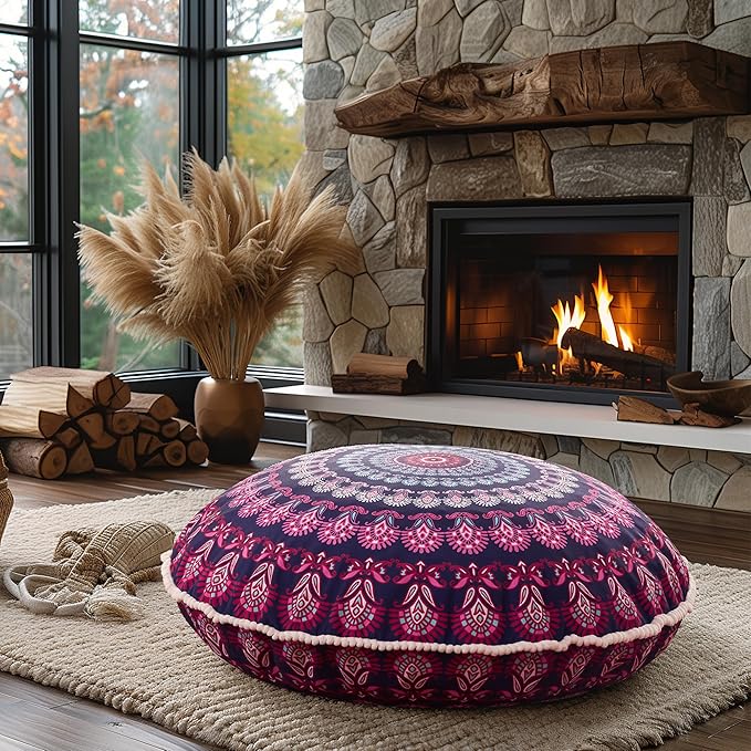Codi Meditation Floor Pillow Set of 2, Round Large Pillows Seating for Adults, Bohemian Mandala Circle Cushion for Outdoor Fireplace Yoga Living Room, 32 Inch, Memory Foam Added, Purple Orchid New
