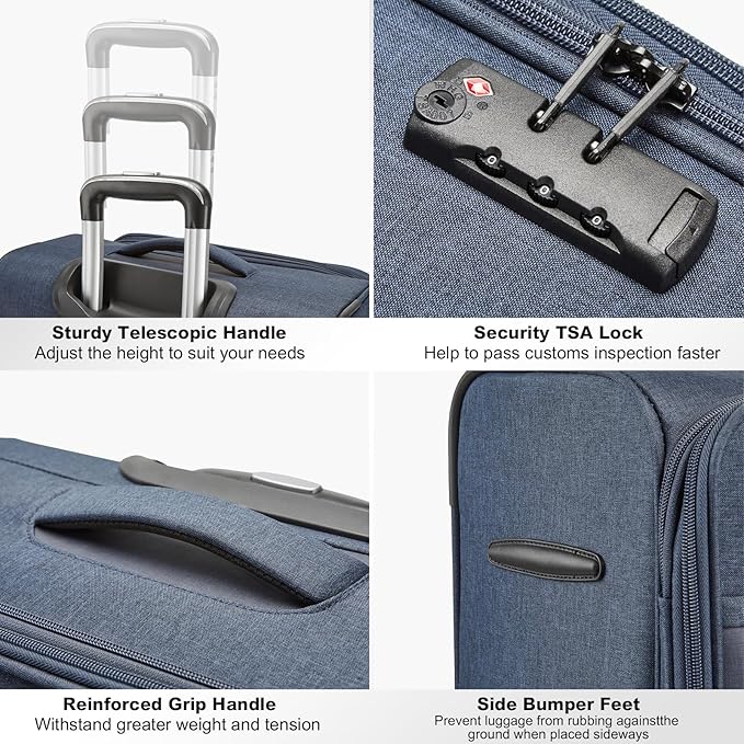 Kono 24 Inch Softside Expandable Checked Luggage with 8 Spinner Wheels TSA Lock Softshell Lightweight Business Travel Suitcase for Men and Women, Navy Blue