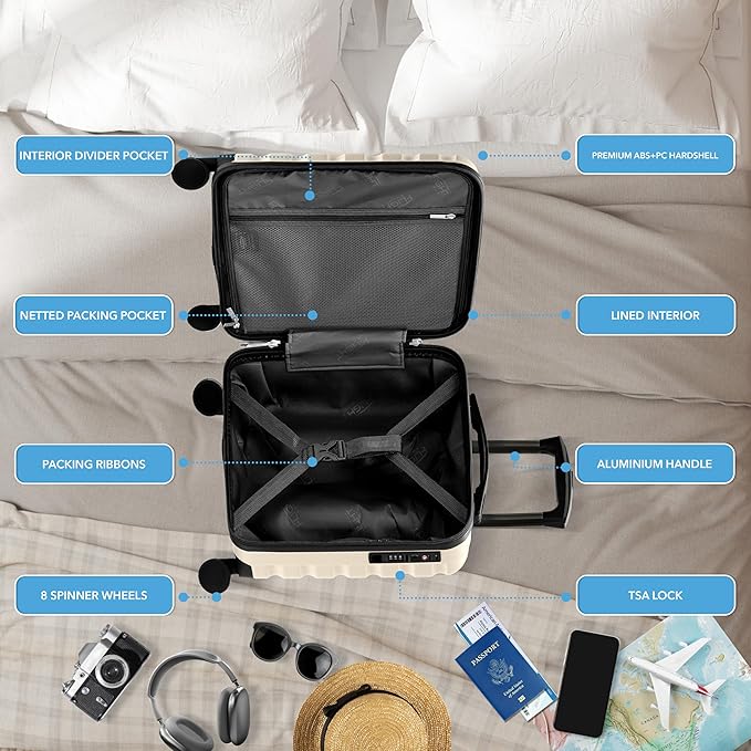 Carry On Suitcase Hardside Built In TSA Lock & USB Port Silent Double Spinner Wheels Maximum Underseat Carry-On Bag For American & United Approved Airlines( 18x14x8" ,Cream/Black )