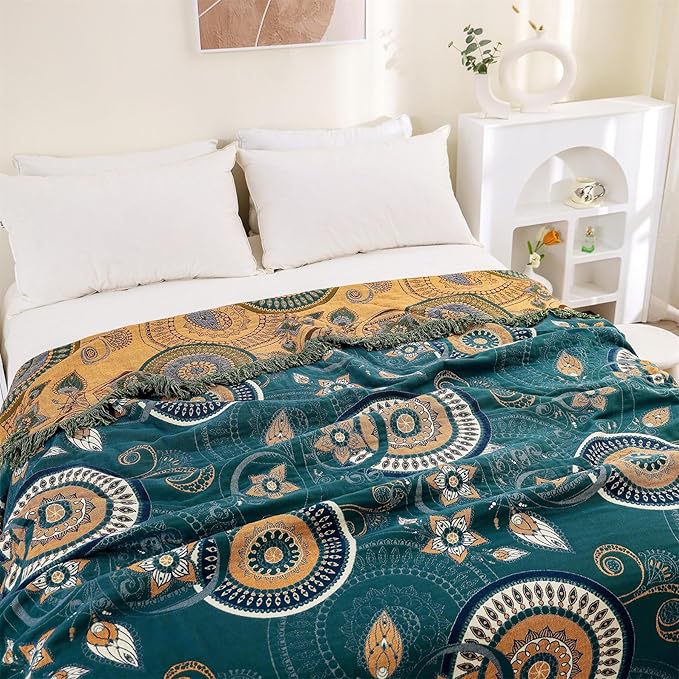 Boho Throw Blanket for Bed 100% Cotton Ultra Soft Rustic Quilt Farmhouse Decor Spring Bed Fall Blanket Large,All Season Rustic Throw for Sofa Couch Chair (Boho-Floral-O, 60"×80")