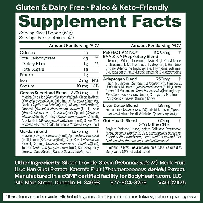 BodyHealth Greens Enhanced with PerfectAmino - Daily Superfood Green Apple Smoothie Powder with Vegetables, Fruit, Antioxidants, Prebiotics, Probiotics, Fiber, and Protein - 40 Servings
