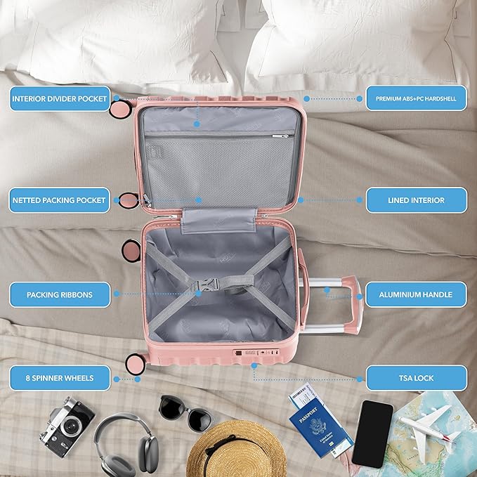 Carry On Suitcase Hardside Built In TSA Lock & USB Port Silent Double Spinner Wheels Maximum Underseat Carry-On Bag For American & United Approved Airlines( 18x14x8" ,Pink )