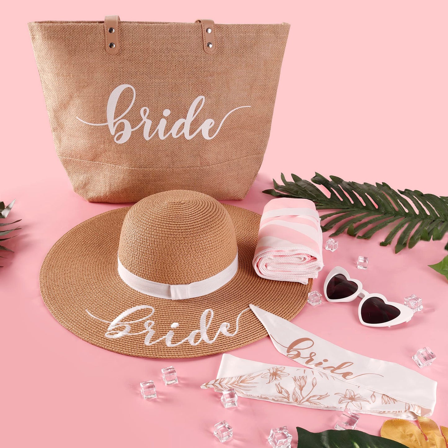 5 pc Bride Beach Bag Honeymoon Gift, Bachelorette Gifts for Bride, Bride to be Gifts, Bride Straw Sun Hat, Bag, Microfiber Towel, Silk Scarf, Sunglasses, Bridal Shower Gift (Bride Beach Gift Set)