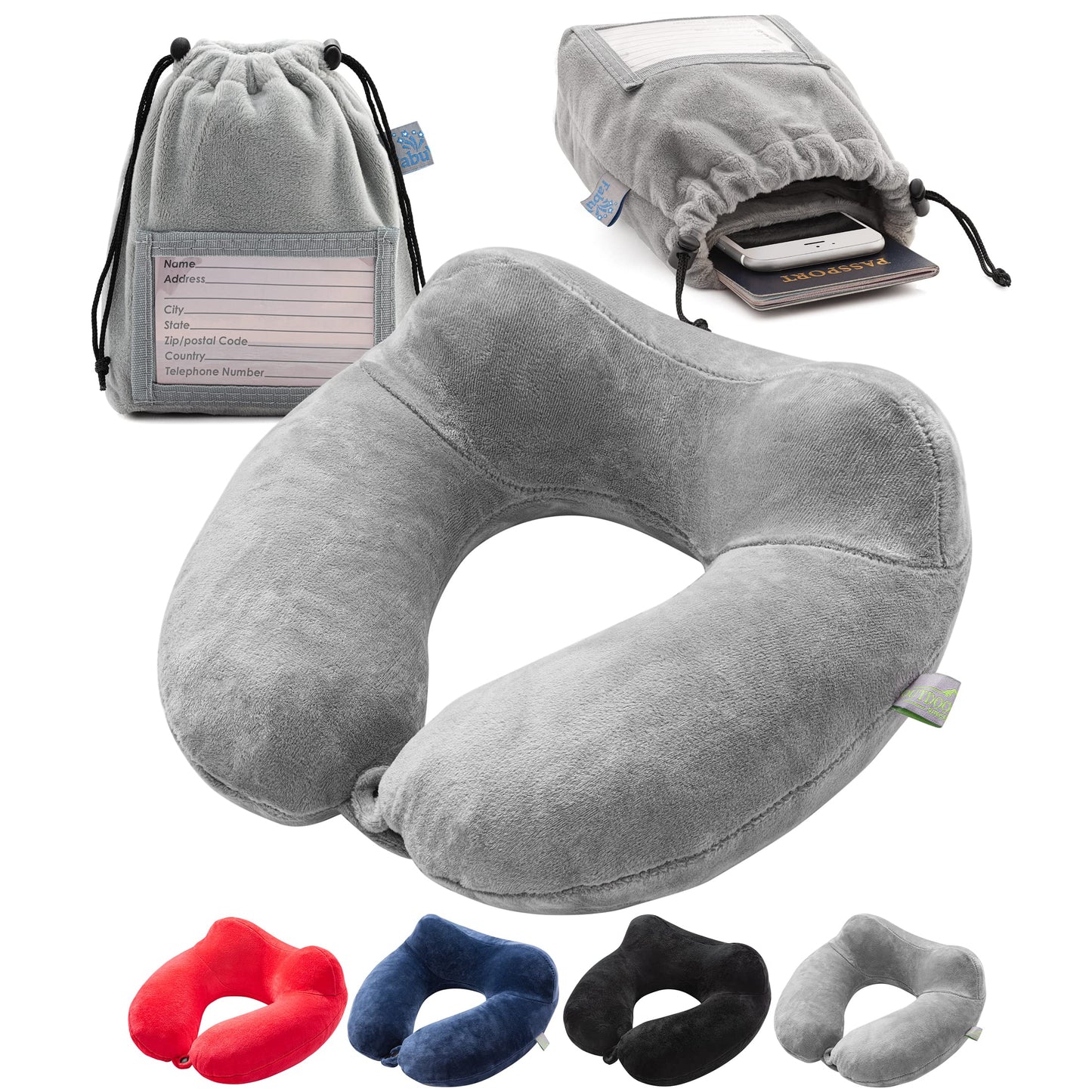Inflatable Travel Neck Pillow: Extra-Soft, Cushion. For Airplanes, Trains, Cars, Portable Travel Accessory-With Carrying Pouch For cell phone and Passport Etc. (Grey)