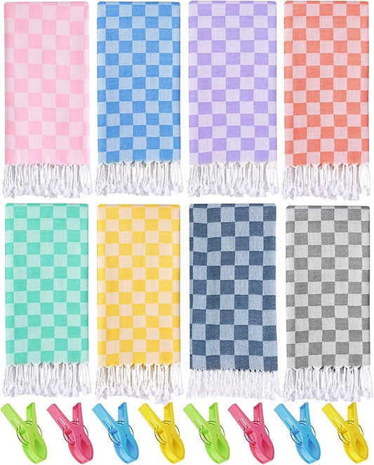 8 Packs Turkish Beach Towel Blanket Set Pool Bath Towels Bulk Multipack Travel Sand Free Quick Dry Extra Large Oversized Cute Big Cotton Soft Lightweight Compact Checkered Proof Cloud Men Women Adult