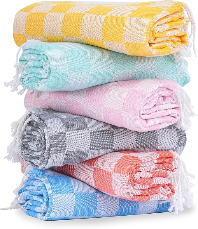 6 Packs Turkish Beach Towel Vacation Essentials Blanket Set Pool Bath Towels Bulk Multipack Travel Sand Free Quick Dry Extra Large Oversized Cute Big Soft Lightweight Compact Checkered Cloud Women