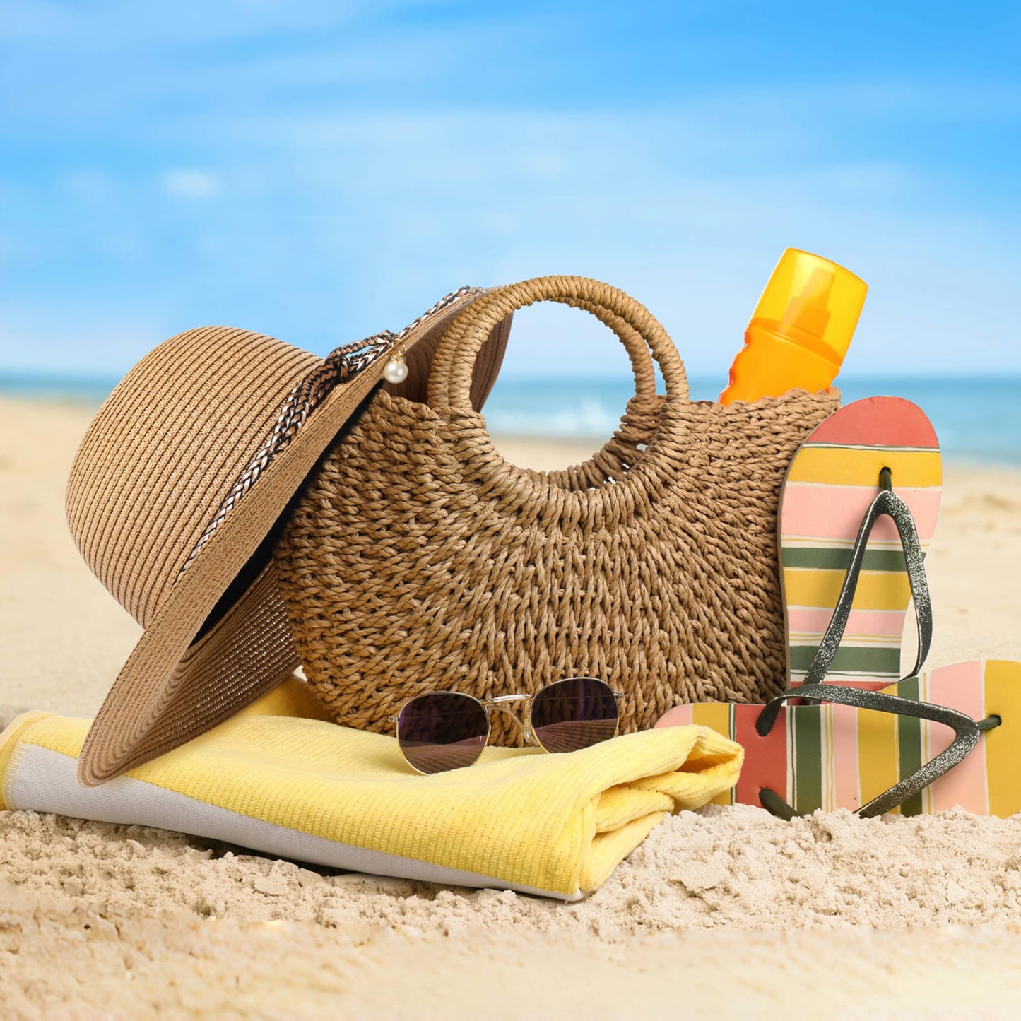 Womens Beach Sun Straw Hat - UV Protection UPF 50+ Sun Hats for Women with Wide Brim, Foldable Floppy Straw Beach Hat for Women