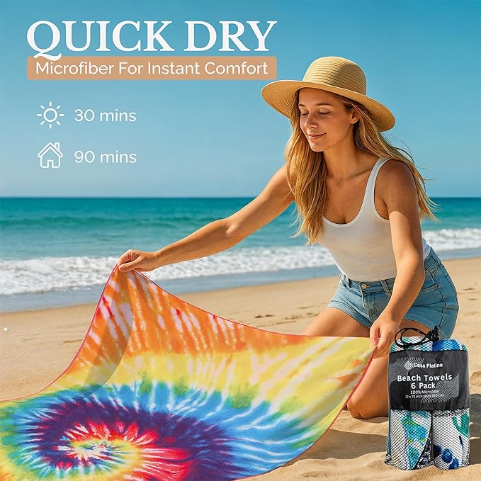 Casa Platino Pool Towels 6 Pack – Oversized 71"x32" Sand Free Microfiber Towel, Quick Dry and Lightweight with Double-Sided Prints, Beach Gifts for Women, Ideal for Travel & Camping – Lucky Bay