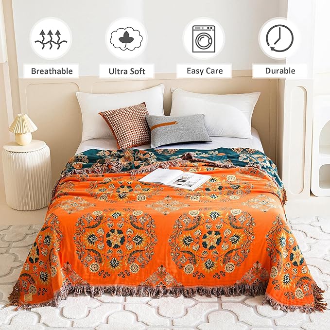 Boho Throw Blanket for Bed 100% Cotton Ultra Soft Rustic Quilt Fall Blanket Floral Printed Farmhouse Decor Bed Blankets,80"×90" All Season Rustic Throw for Sofa Couch Chair