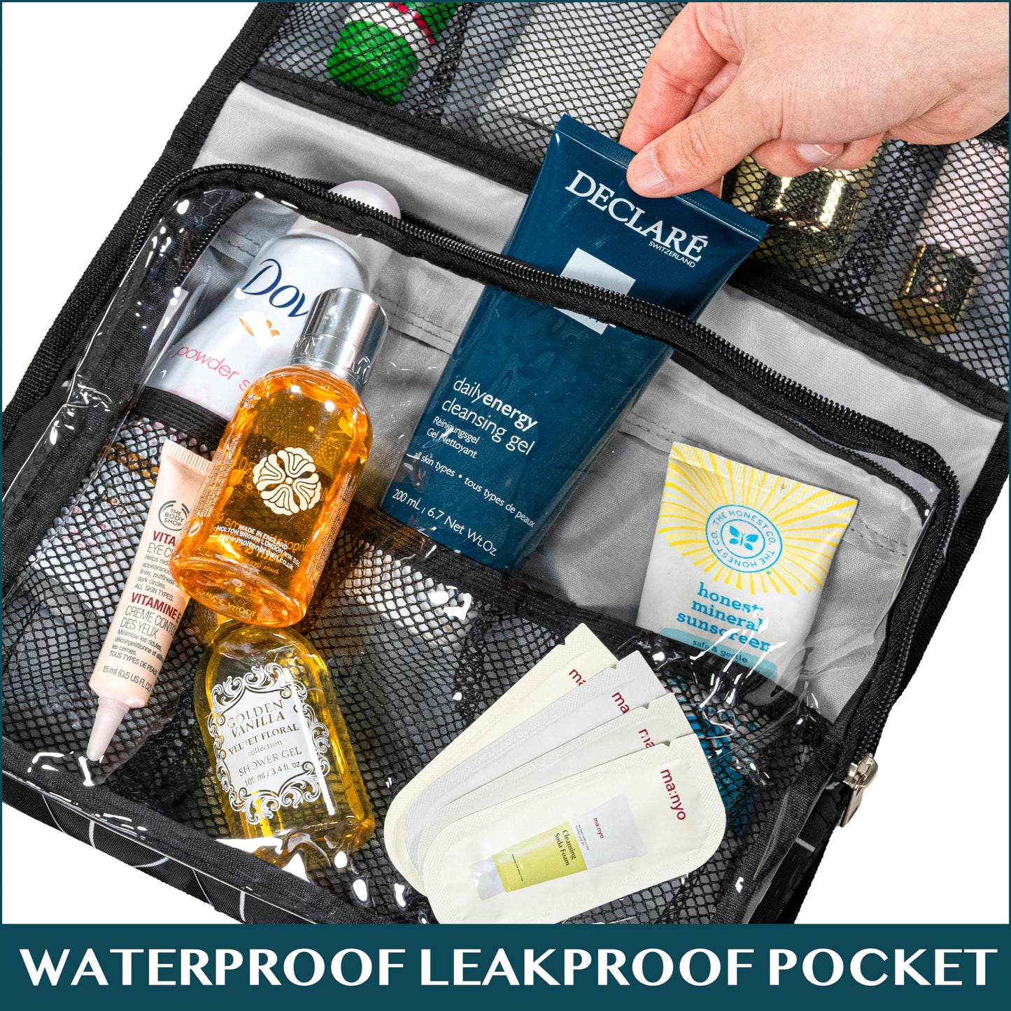 PAVILIA Travel Hanging Toiletry Bag for Women Men, Large Capacity Makeup Bag Kit, Waterproof Cosmetic Storage Organizer Case for Bathroom Shower, Black Chevron