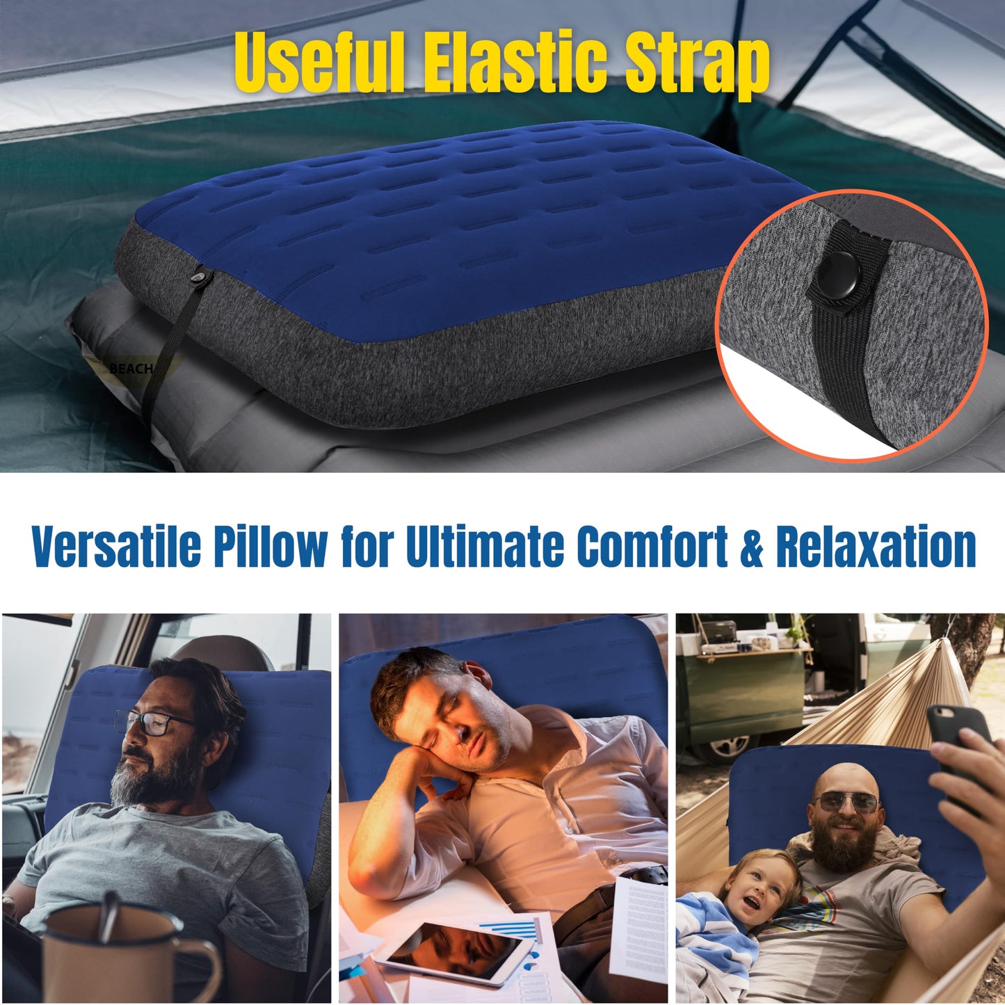 TREKOLOGY Camping Pillow - Large Inflatable (24"x15") for Home-Like Comfort, Portable & Ergonomic, Easy to Clean, Durable & Leak-Proof, Removable Strap for Secure Fit – ALUFT Ultra (Blue)