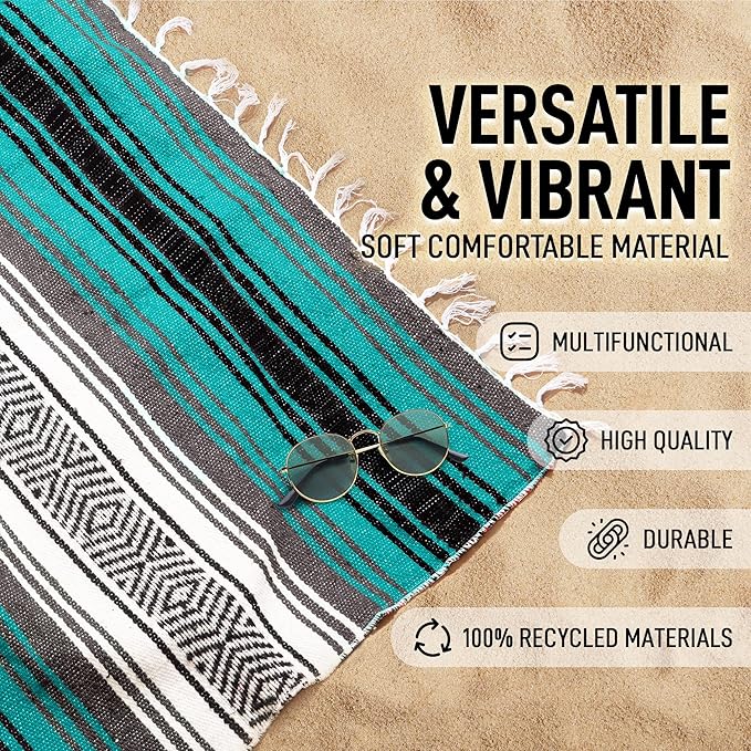 Authentic Extra Large Mexican Blanket - 70"x50" Handwoven Yoga, Serape, Artisanal Falsa, Beach, Camping, Picnic, Outdoor Blanket (Emerald)