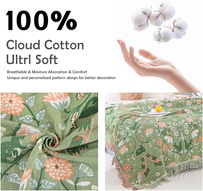 Boho Throw Blanket for Bed 100% Cotton Ultra Soft Rustic Quilt Farmhouse Decor Bed Fall Blanket,All Season Rustic Throw for Sofa Couch Chair (Green World, 90"×98")