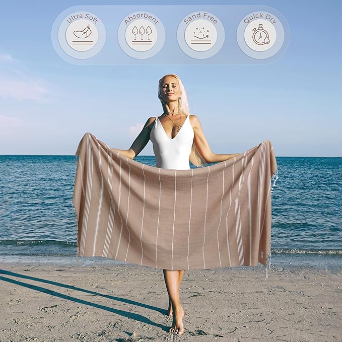 Beige Beach Towel – Sand Free & Quick Dry, Oversized (39” x 71”), Decorative, Versatile, and Functional, Ideal as, Beach Essential, Picnic Blanket, Turkish Towel, Yoga Mat, Picnic Towel