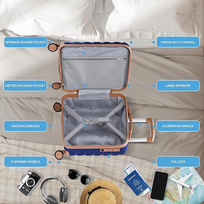 Carry On Suitcase Hardside Built In TSA Lock & USB Port Silent Double Spinner Wheels Maximum Underseat Carry-On Bag For American & United Approved Airlines( 18x14x8" ,Navy/Tan )