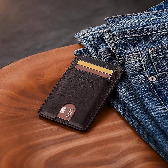 Buffway Mens Slim Wallet, Minimalist Thin Front Pocket Leather Credit Card Holder with RFID Blocking for Work Travel