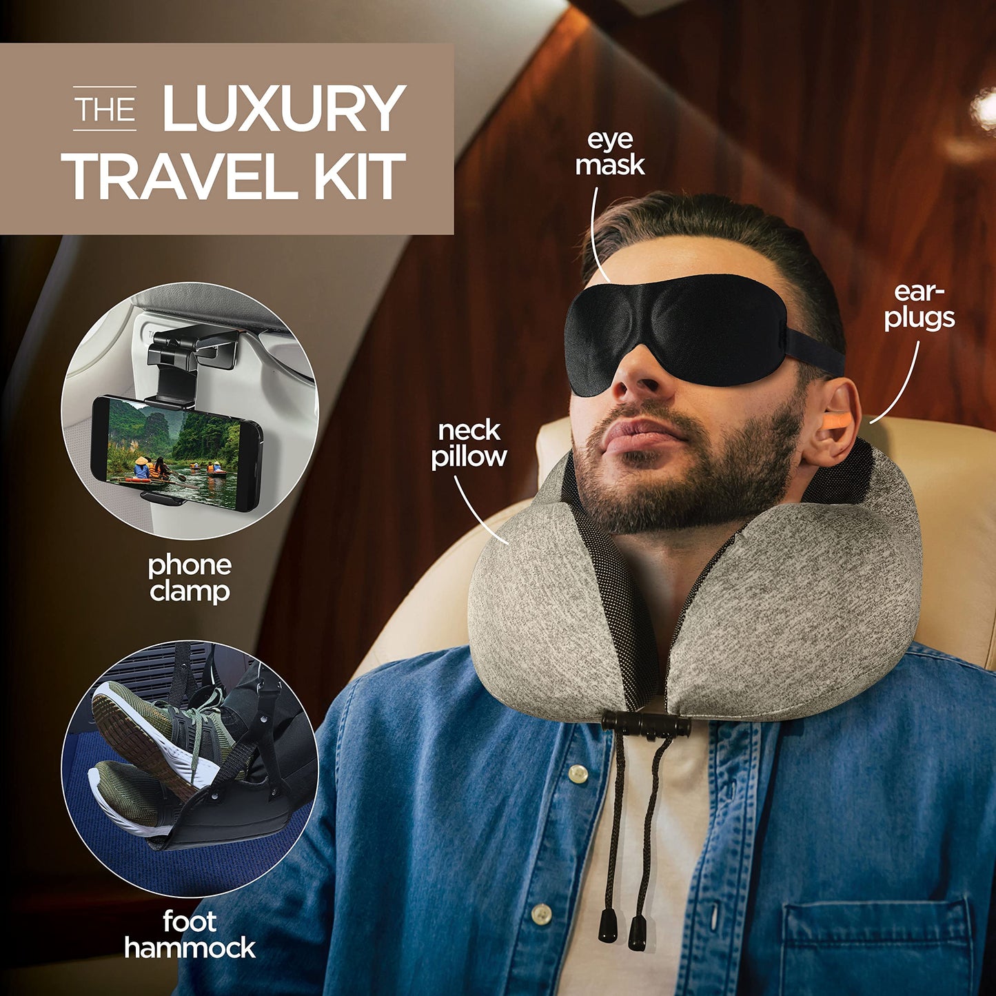 Airplane Neck Pillow Includes Travel Pillow + Airplane Phone Holder Mount + Eye Masks + Foot Hammock + Earplugs for Travel, 100% Pure Memory Foam Travel Pillow, 6 Pc Travel Kit