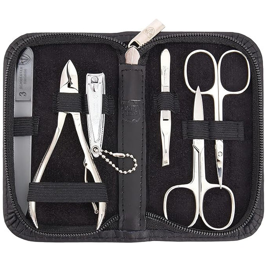 3 Swords Germany - brand quality 6 piece manicure pedicure grooming kit set for professional finger & toe nail care scissors clipper genuine leather case in gift box, Made in Solingen Germany (02259)