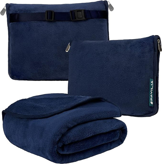 PAVILIA Travel Blanket Pillow, Soft Airplane Blanket 2-IN-1 Combo Set, Plane Blanket Compact Packable, Flight Essentials Car Pillow, Travelers Gifts Accessories Luggage Backpack Strap, 60x43 Navy Blue