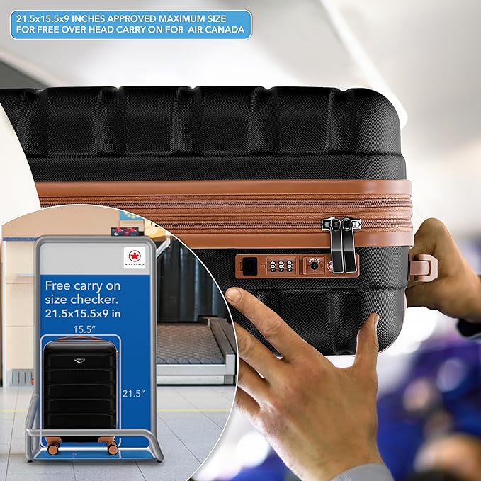 Carry On Suitcase Hardside TSA Lock & USB Port Silent Double Spinner Wheels Maximum Carry-On Bag For Canada Air Approved Airlines( 21.5x15.5x9" ,Black/Tan )