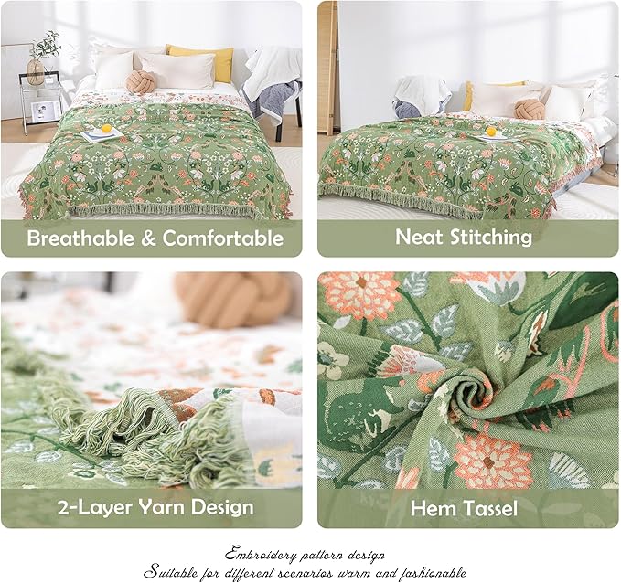 Boho Throw Blanket for Bed 100% Cotton Ultra Soft Rustic Quilt Farmhouse Decor Bed Fall Blankets,All Season Rustic Throw for Sofa Couch Chair (Green World, 80"×90")