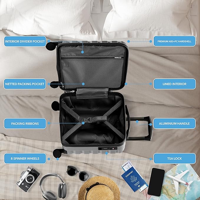 Carry On Suitcase Hardside Built In TSA Lock & USB Port Silent Double Spinner Wheels Maximum Underseat Carry-On Bag For American & United Approved Airlines( 18x14x8" ,Charcoal )