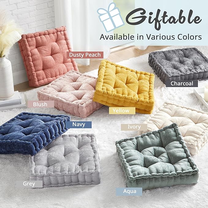 Intelligent Design Azza Floor Pillow, Large Cushions Sitting for Adults, Floor Pillow for Meditation or Yoga, Lustrous Chenille Tufted with Scalloped Edges for Bench/Chair Cushion, 20"x20"x5" Yellow