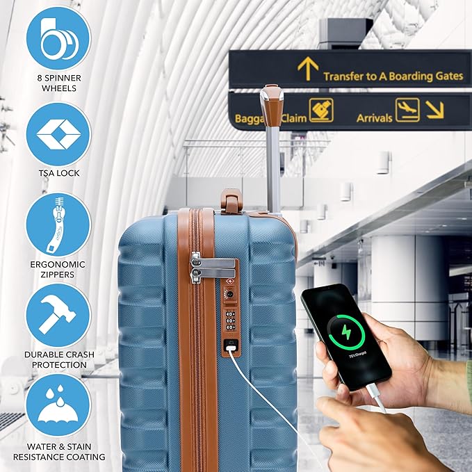 Carry On Suitcase Hardside TSA Lock & USB Port Silent Double Spinner Wheels Maximum Underseat Carry-On Bag For Virgin & South West Approved Airlines( 16.25x13.5x8" ,Blue/Tan )