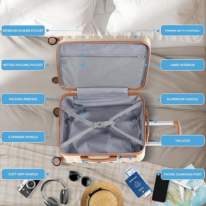 Carry On Suitcase Hardside TSA Lock & USB Port Silent Double Spinner Wheels Maximum Overhead Carry-On Bag Approved For Many Airlines( 22x18x10" ,Cream/Tan )