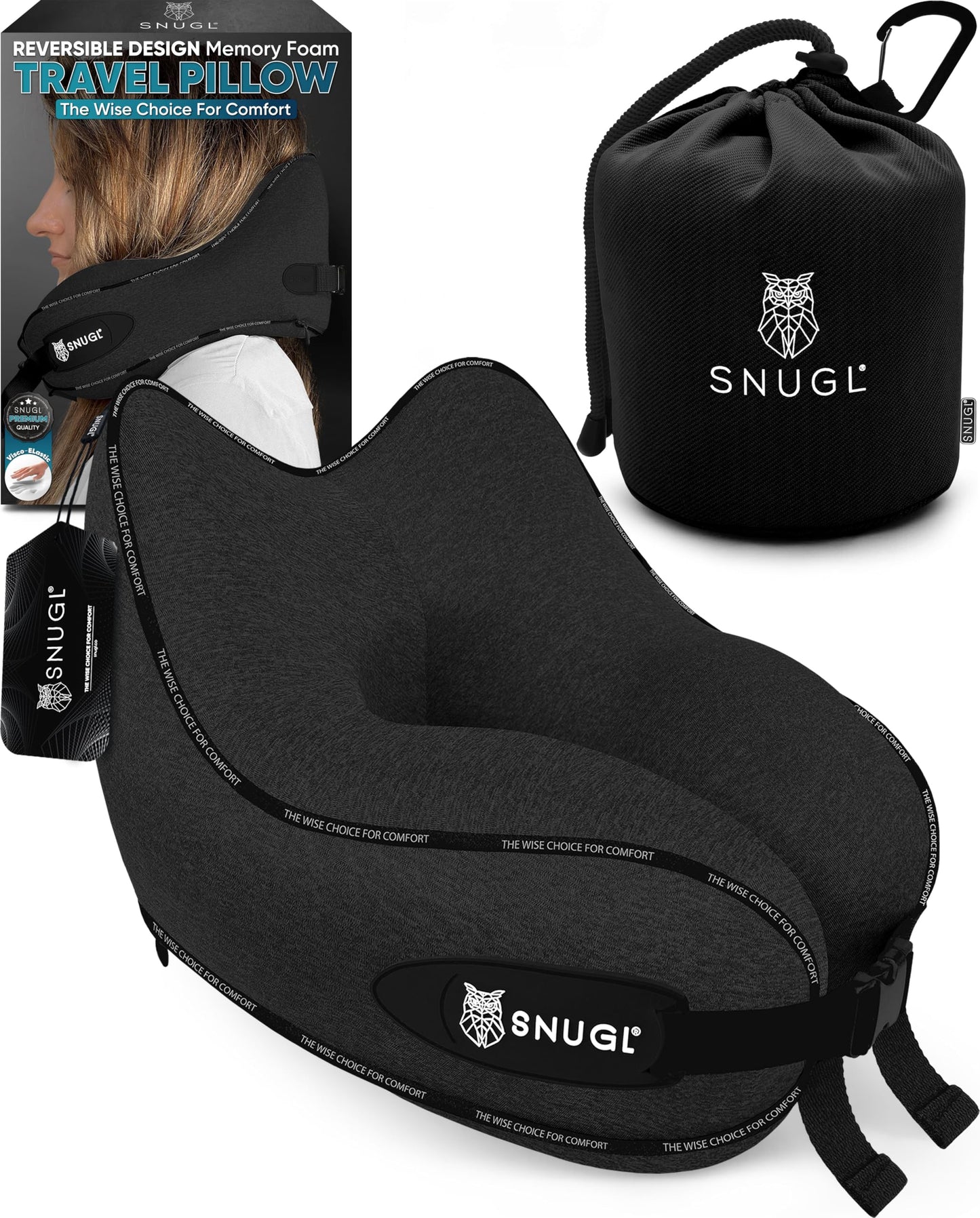 SNUGL Travel Pillow – Memory Foam Pillows - Airplane Neck Pillow with Carry Bag & Clip – Neck Support Travel Pillows - Airplane Essentials (Adult Regular - Black)