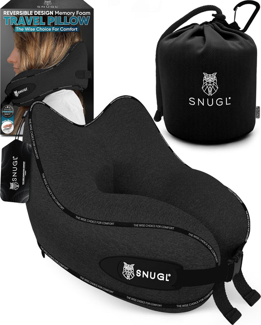 SNUGL Travel Pillow – Memory Foam Pillows - Airplane Neck Pillow with Carry Bag & Clip – Neck Support Travel Pillows - Airplane Essentials (Adult Regular - Black)