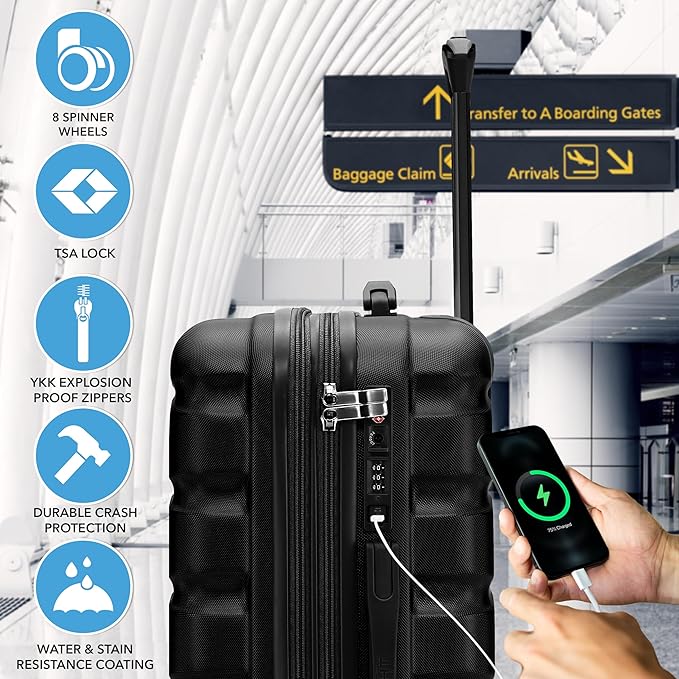 Carry On Suitcase Hardside TSA Lock & USB Port Silent Double Spinner Wheels Maximum Overhead Carry-On Bag Approved For Many Airlines( 22x18x10" ,Black )