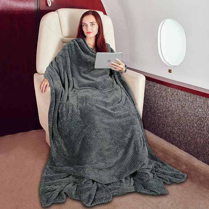 Tirrinia Travel Blanket Airplane Compact with Bag, Soft& Lightweight Wearable Blanket with Foot Pockets for Women Men Adults, Warm Snuggle Blanket, Airplane Travel Essentials, Travel Gifts for Her,