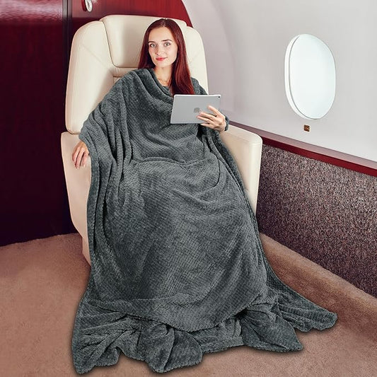 Tirrinia Travel Blanket Airplane Compact with Bag, Soft& Lightweight Wearable Blanket with Foot Pockets for Women Men Adults, Warm Snuggle Blanket, Airplane Travel Essentials, Travel Gifts for Her,