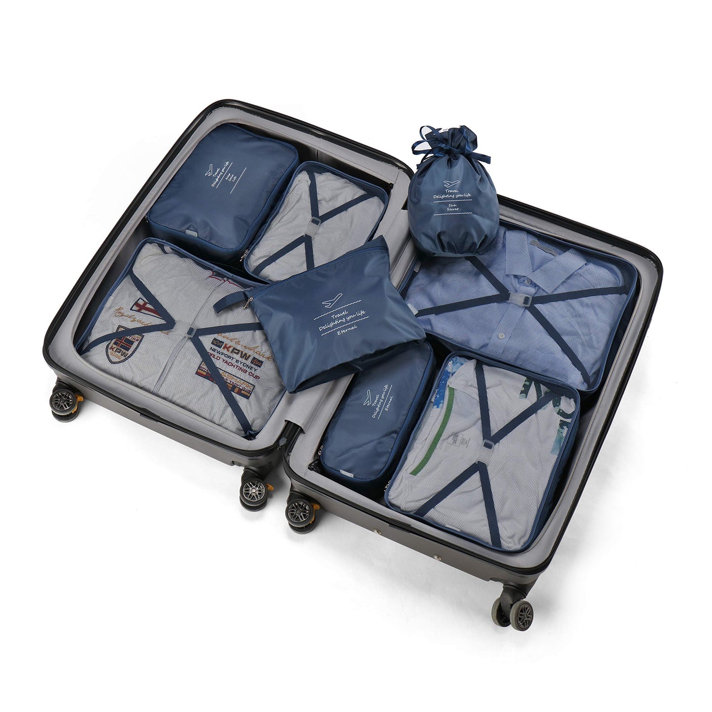 Packing Cubes 8 Sets Travel Luggage Organizers Include Waterproof Shoe Storage Bag Convenient Packing Pouches for Traveller (Navy blue)