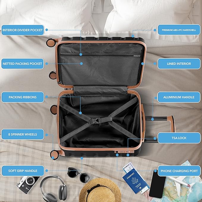 Carry On Suitcase Hardside TSA Lock & USB Port Silent Double Spinner Wheels Maximum Carry-On Bag For Canada Air Approved Airlines( 21.5x15.5x9" ,Black/Tan )