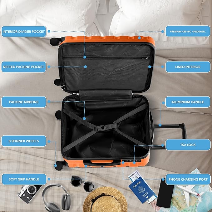 24x16x10 Expandable Carry On Suitcase Hardside TSA Lock USB C Lightweight Luggage Silent Double Spinner Wheels Maximum Overhead Carry-On Bag For Virgin & South West Approved Airlines