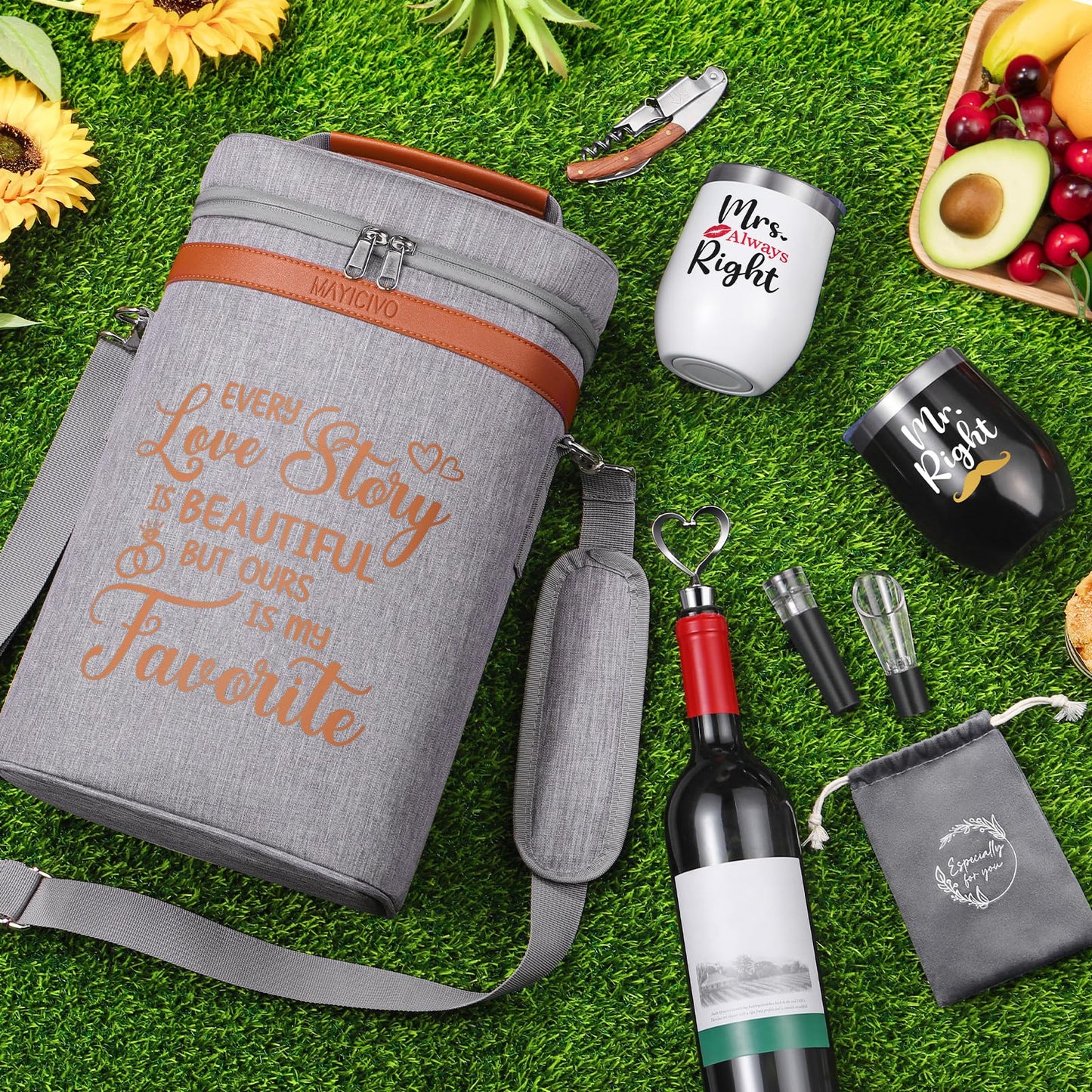 Anniversary Engagement Gifts for Men Women, Mr and Mrs Wine Tumblers Gifts - Funny Wedding Gifts for Couple, Bridal Shower, Newlywed - Insulated Wine Cooler Tote Bag with Glasses and Wine Accessories
