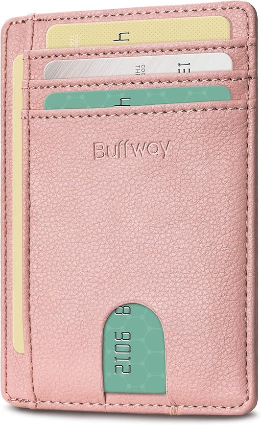 Buffway Slim Minimalist Front Pocket RFID Blocking Leather Wallets for Men and Women - Lichee Pink