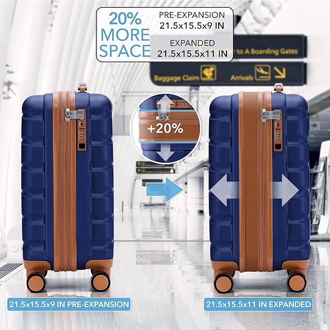 Carry On Suitcase Hardside TSA Lock & USB Port Silent Double Spinner Wheels Maximum Carry-On Bag For Canada Air Approved Airlines( 21.5x15.5x9" ,Navy/Tan )