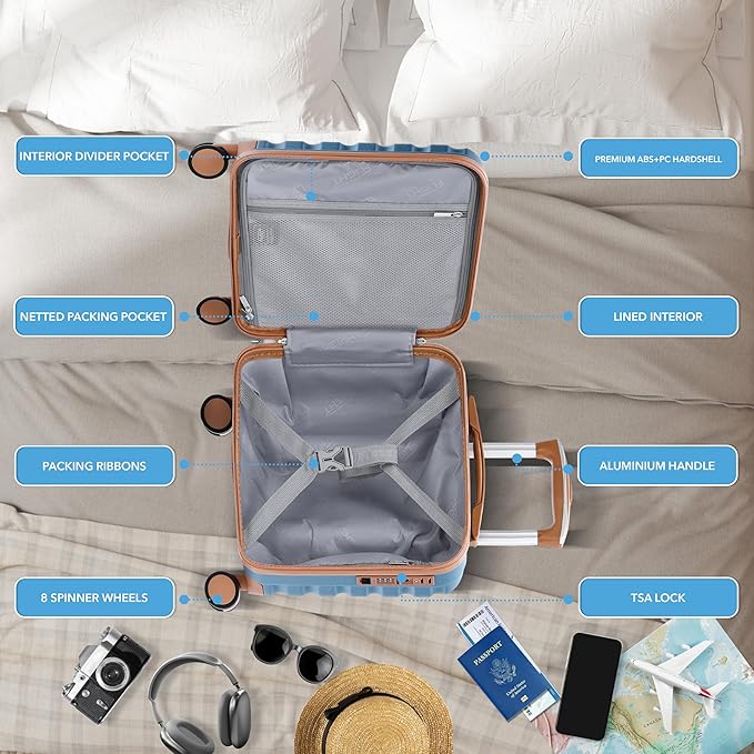 Carry On Suitcase Hardside TSA Lock & USB Port Silent Double Spinner Wheels Maximum Underseat Carry-On Bag For Virgin & South West Approved Airlines( 16.25x13.5x8" ,Blue/Tan )