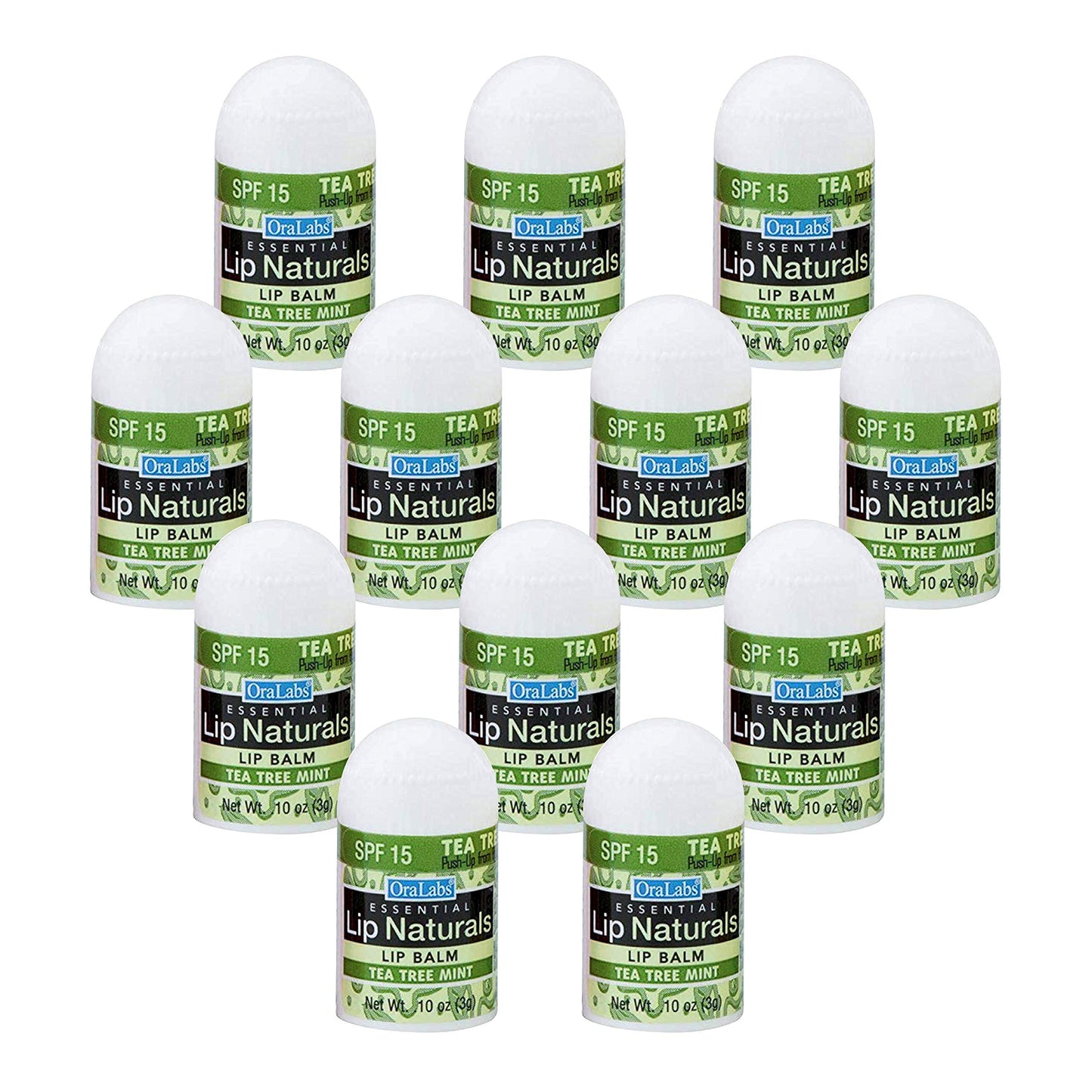 Lip Naturals® | Mini Tea Tree Balm with Sunscreen (SPF-15) | Made in USA with Coconut Oil, Tea Tree Oil, and Peppermint Oil | 12-Count Mini Lip Balm Pack with Tea Tree Mint Flavor (0.10oz/3g Each)