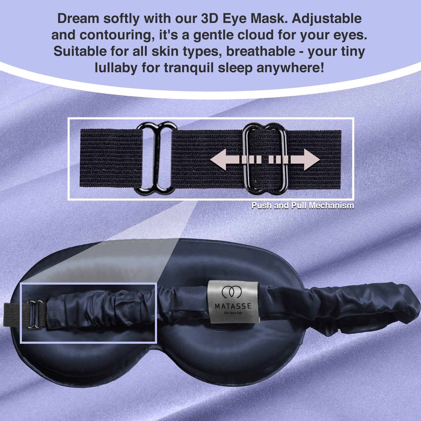 MATASSE Silk Eye Mask for Sleeping with Adjustable Elastic Band - 3D Contoured, Eye Cover Sleep Mask w/Genuine Mulberry Silk Including The Strap for Women, Men (Black)
