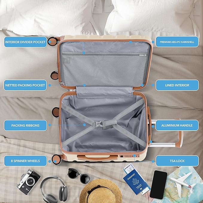 Carry On Suitcase Hardside Built In TSA Lock & USB Port Silent Double Spinner Wheels Maximum Overhead Carry-On Bag For American & United Approved Airlines(22x14x9,Cream/Tan)